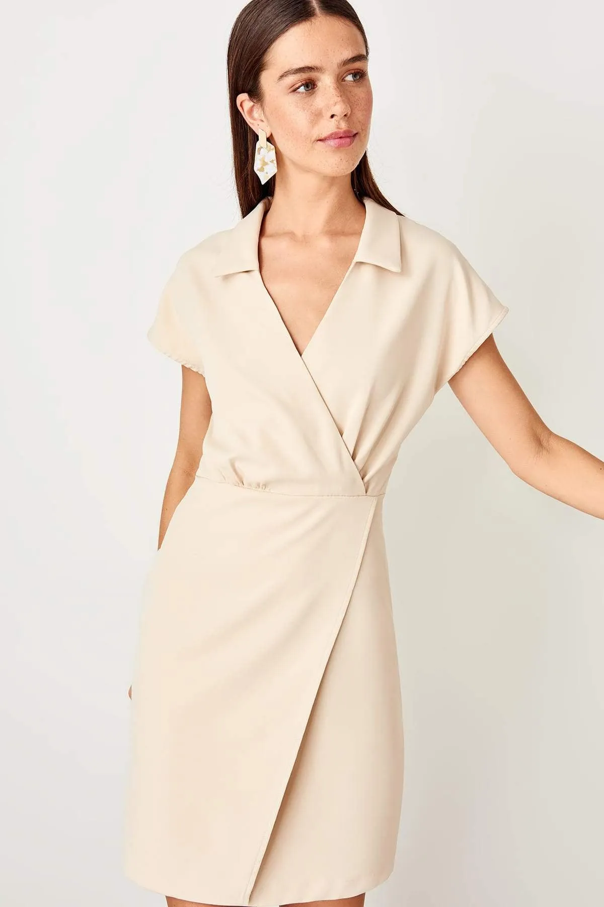 12777 Beige Wrap Skirt Dress