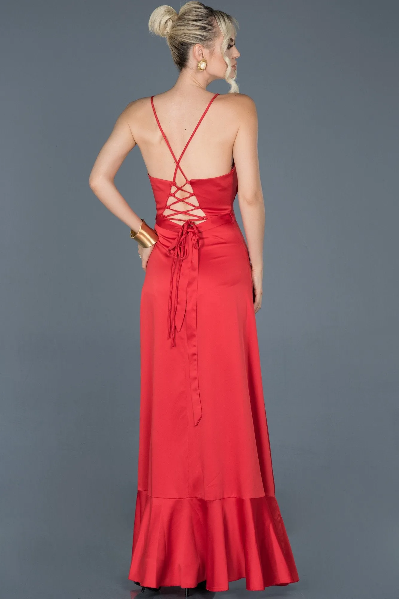 16028 Red Ruffle Slit Satin Dress