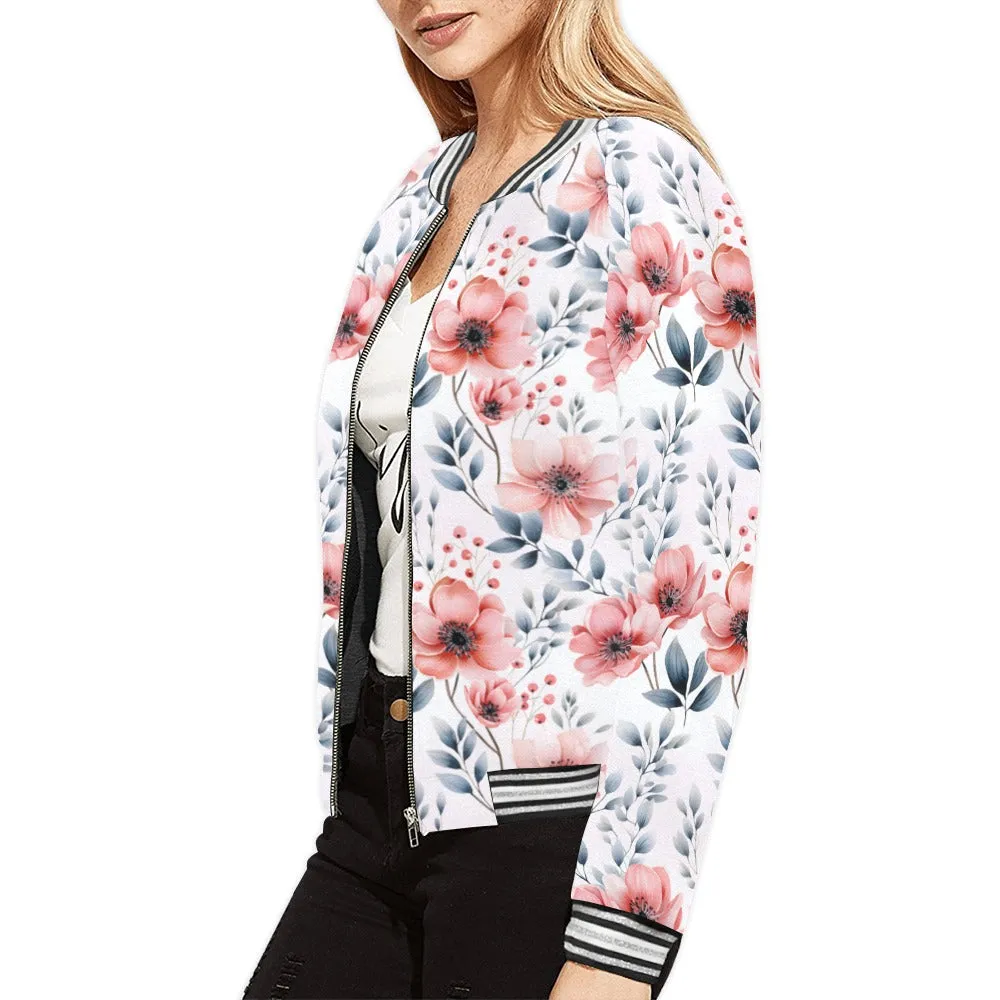 Apricot and Grey Floral Bomber Jacket for Women