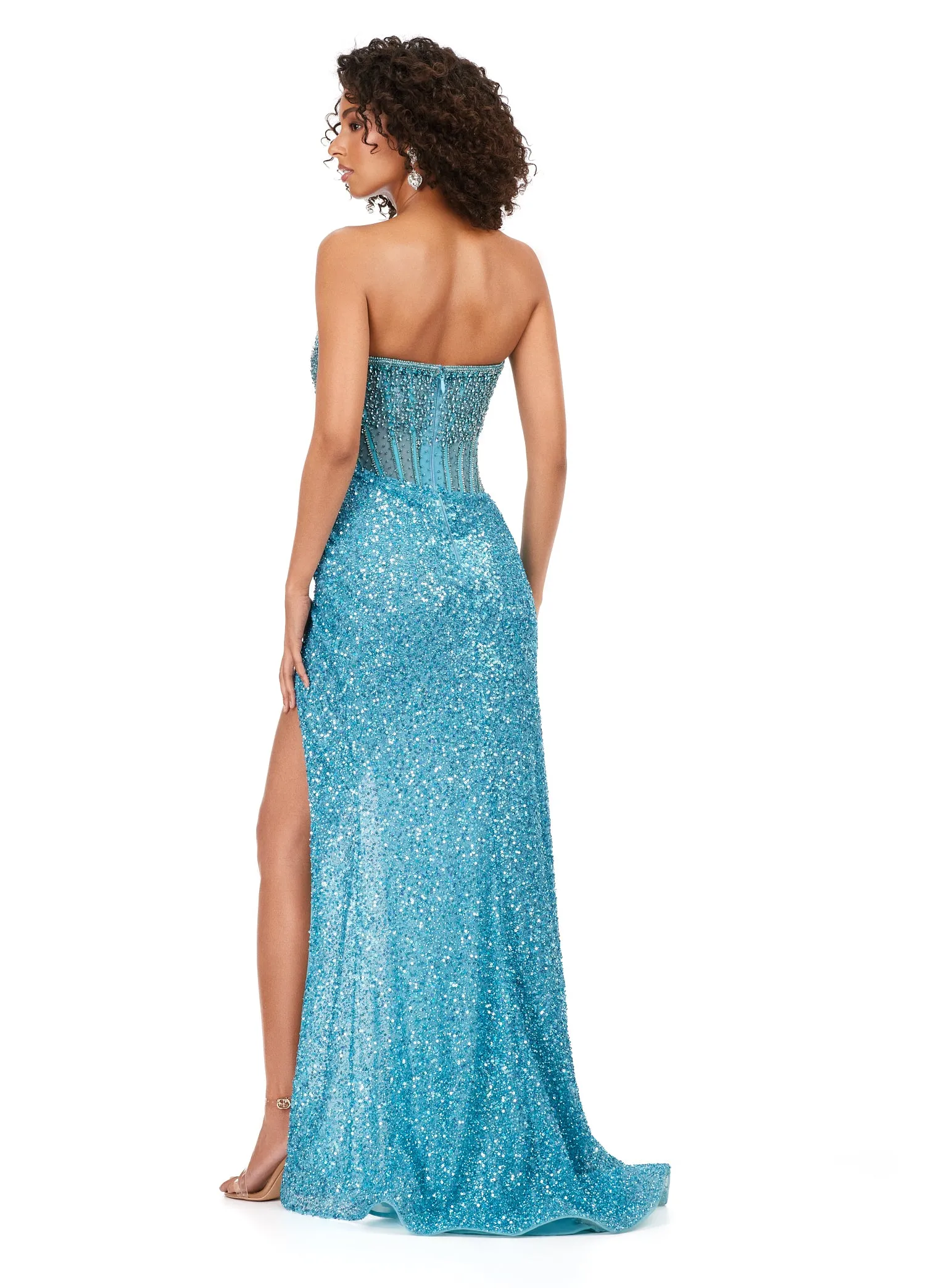 Ashley Lauren 11238 Sheer Corset Crystal Sequin Dress Prom Evening Gown strapless Formal Wrap