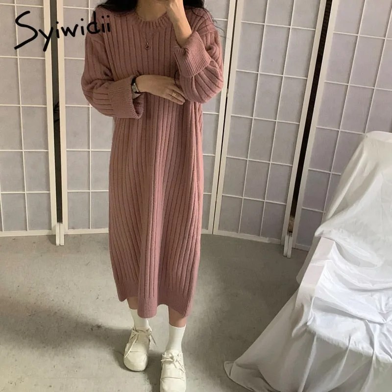 Back to College Joskaa Ribbed Knitted Midi Dresses for Women Autumn Winter 2024 New Pullovers O-Neck Long Sleeve A Line Korean Sweater Dress