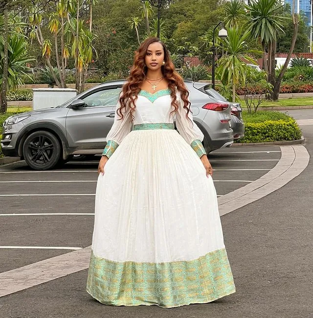 Beautiful Blue and Golden Design Habesha Dress Elegnant Ethiopian Dress Style