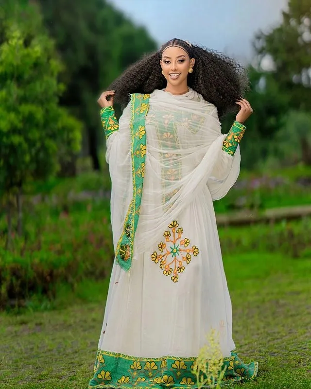 Beautiful Light Green Habesha Dress Elegant Habesha Kemis Ethiopian Traditional Dress