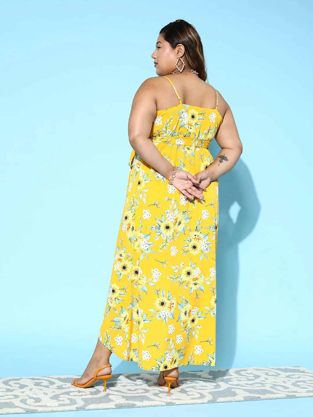 Berrylush Women Plus Size Yellow & White Floral Printed V-Neck Tie-Up Waist High-Low Hem Wrap Midi Dress