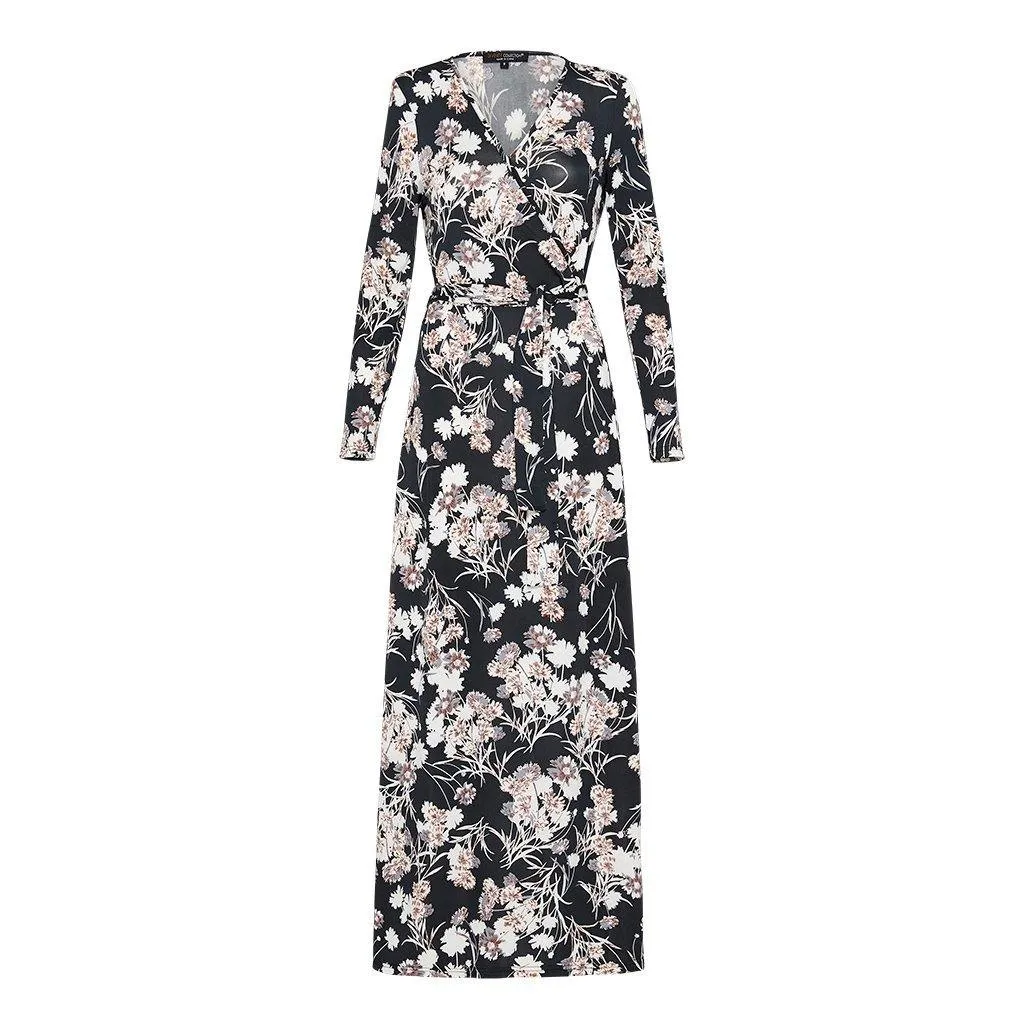 Black and Cream Floral Wrap Dress