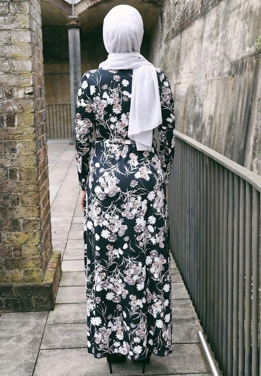 Black and Cream Floral Wrap Dress