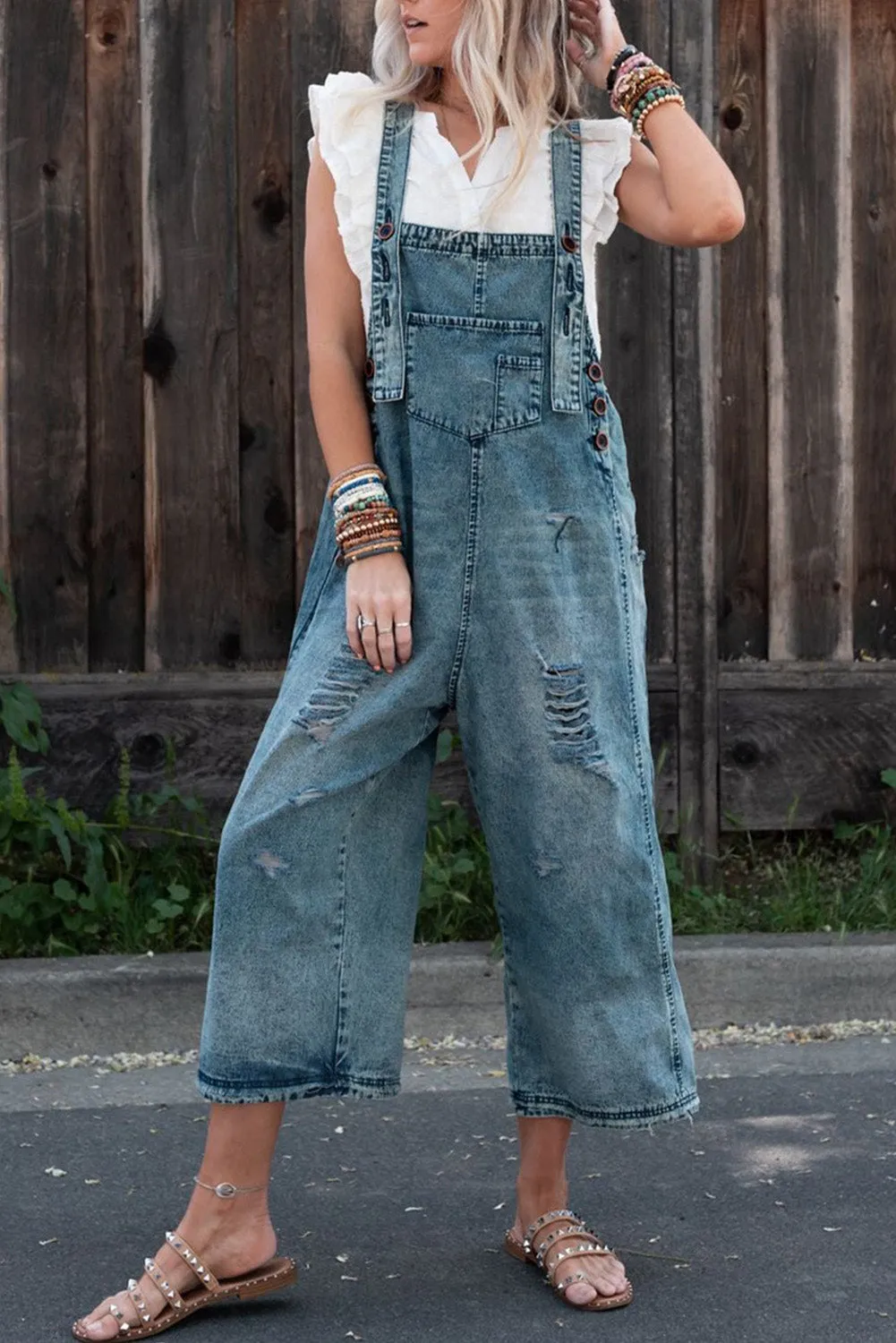 Black Distressed Bib Pocket Wide Leg Denim Overall