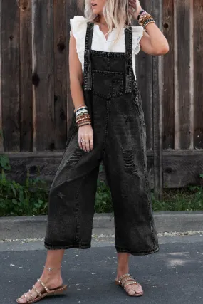 Black Distressed Bib Pocket Wide Leg Denim Overall