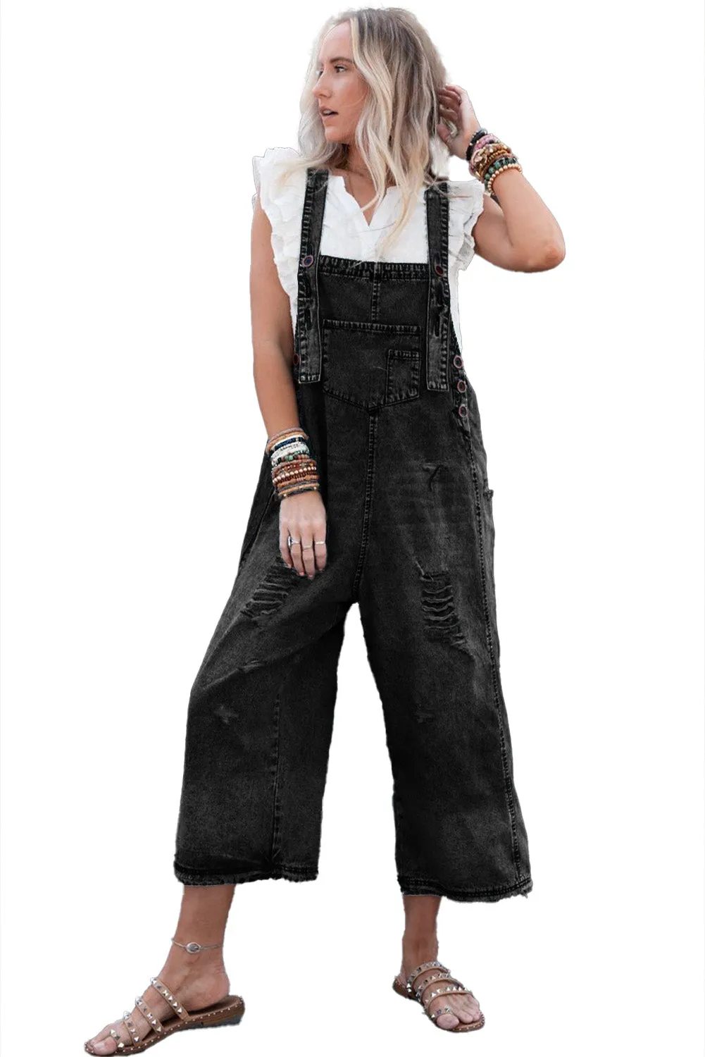 Black Distressed Bib Pocket Wide Leg Denim Overall