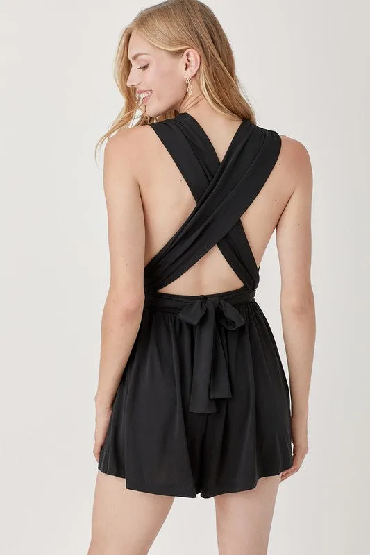 Black Halter Neck Waist Banded Knit Romper