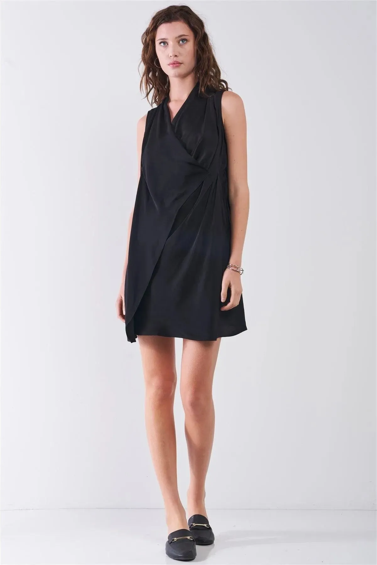 Black V-Neck Sleeveless Wrap Loose Fit Mini Dress /1-2-2-1