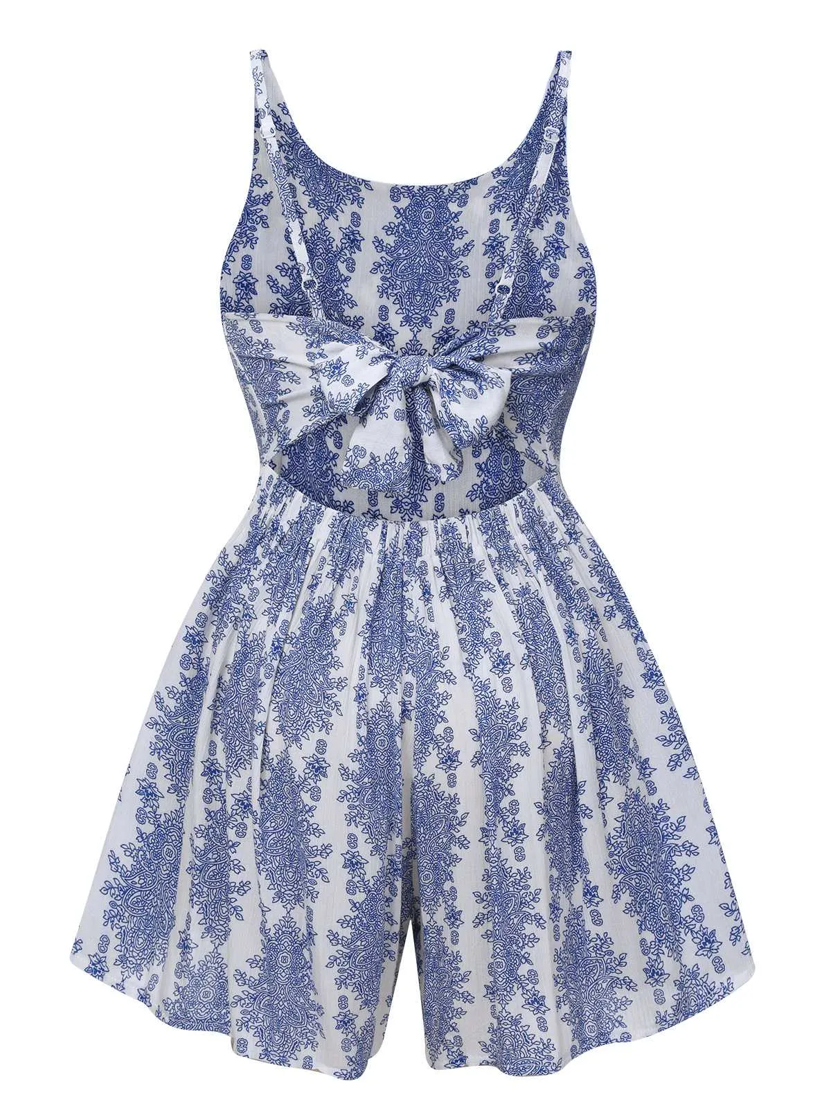 Blue 1950s Strap Print Backless Romper