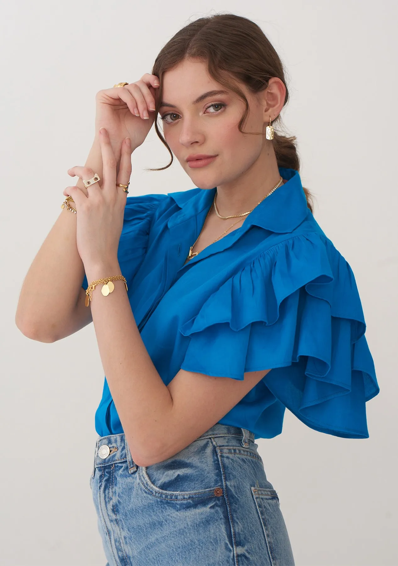 Blue Raffle sleeves Cotton Statement Shirt