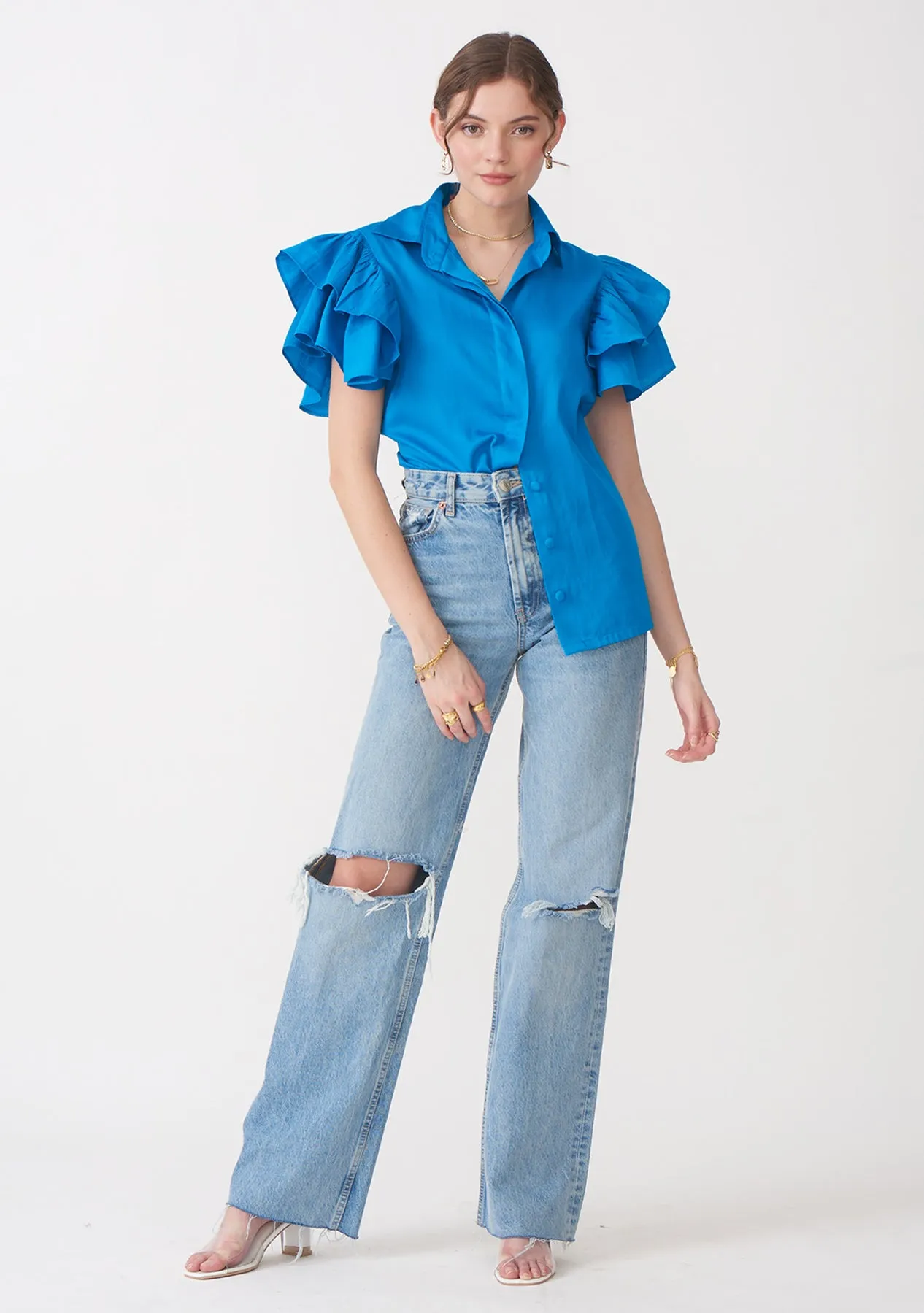 Blue Raffle sleeves Cotton Statement Shirt