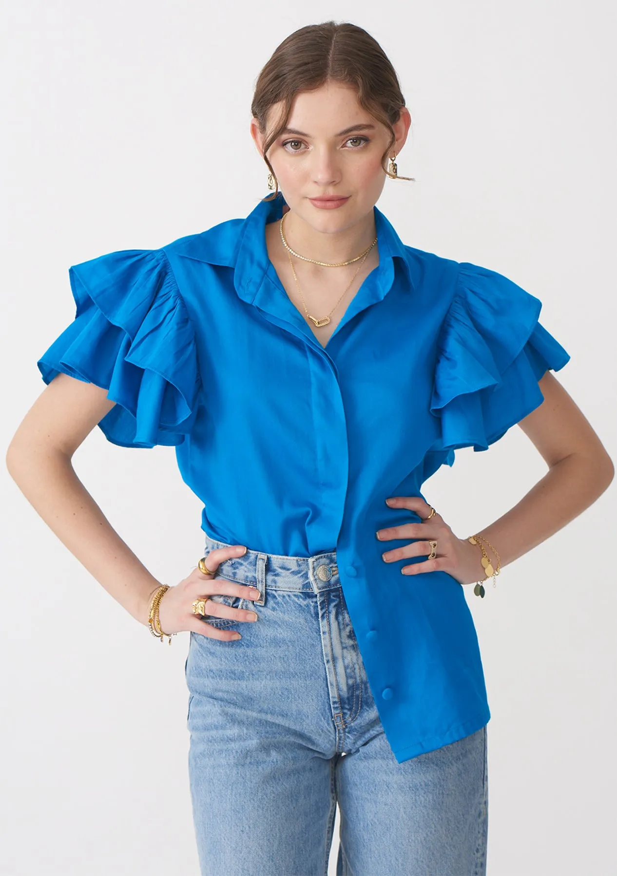 Blue Raffle sleeves Cotton Statement Shirt