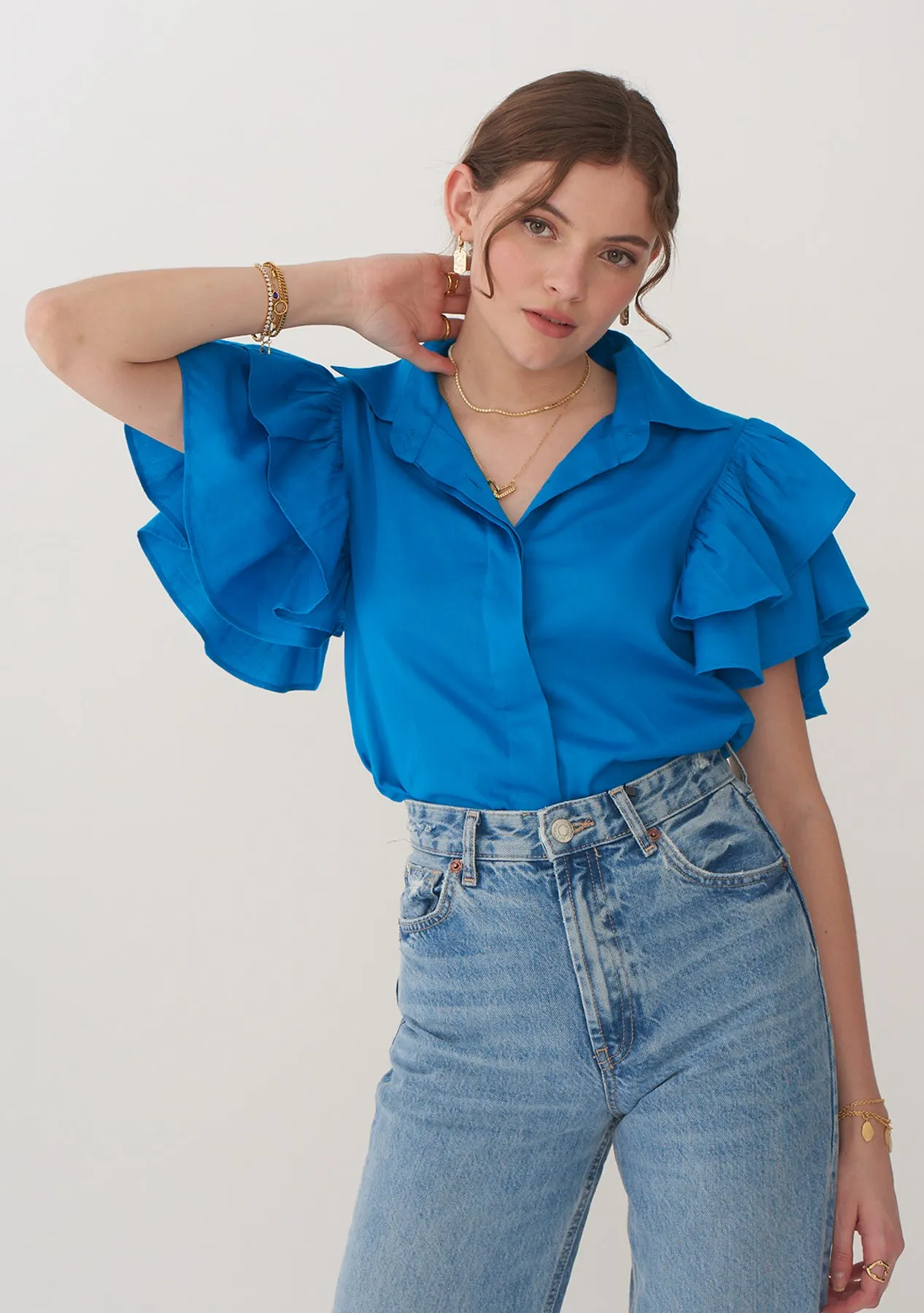 Blue Raffle sleeves Cotton Statement Shirt