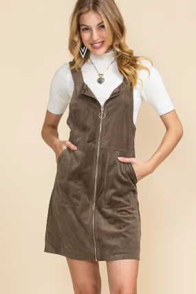 Brown Pockets Zip Up Ribbed Overall Dress