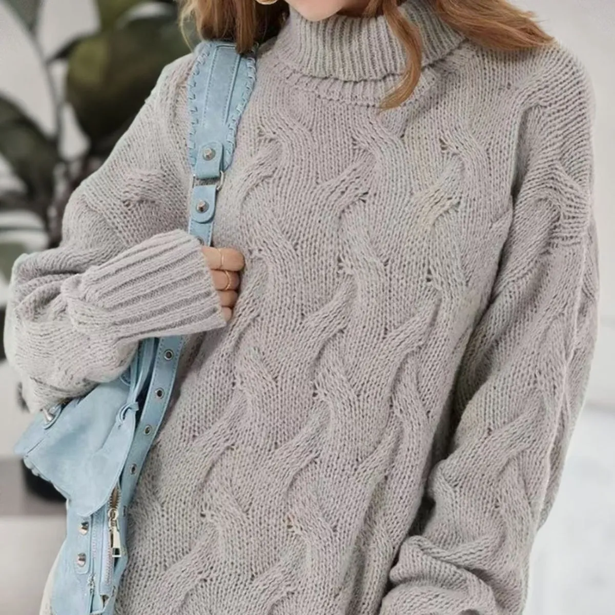 Cable-Knit Turtleneck Mini Sweater Dress