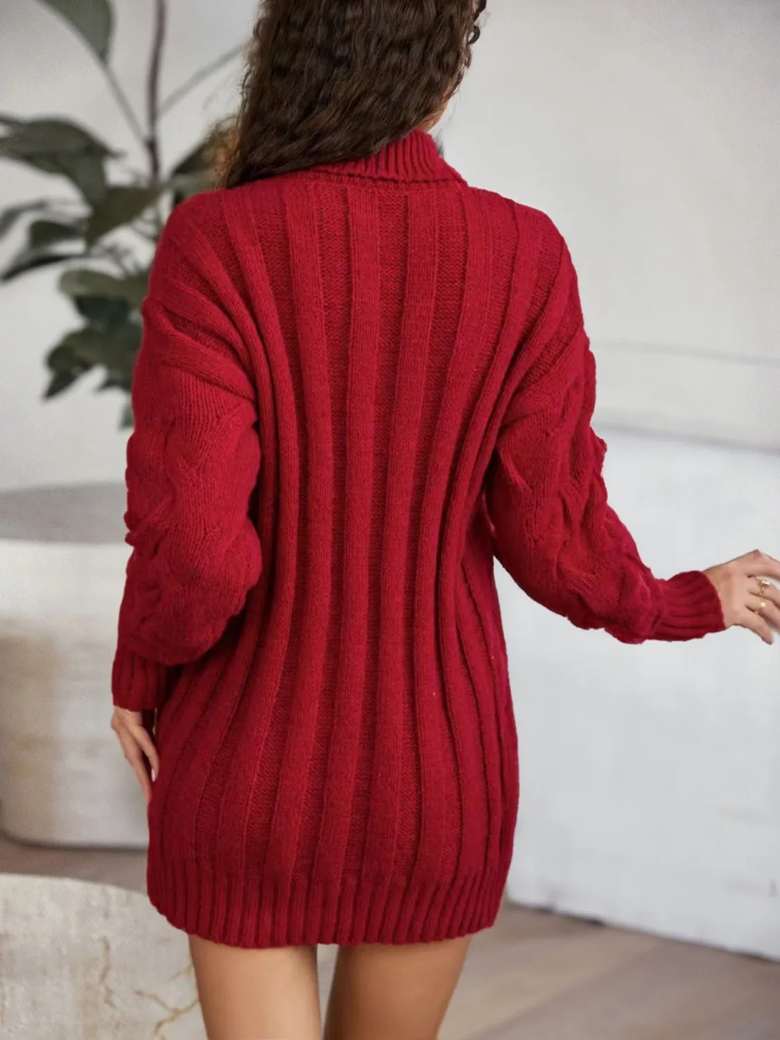 Cable-Knit Turtleneck Mini Sweater Dress