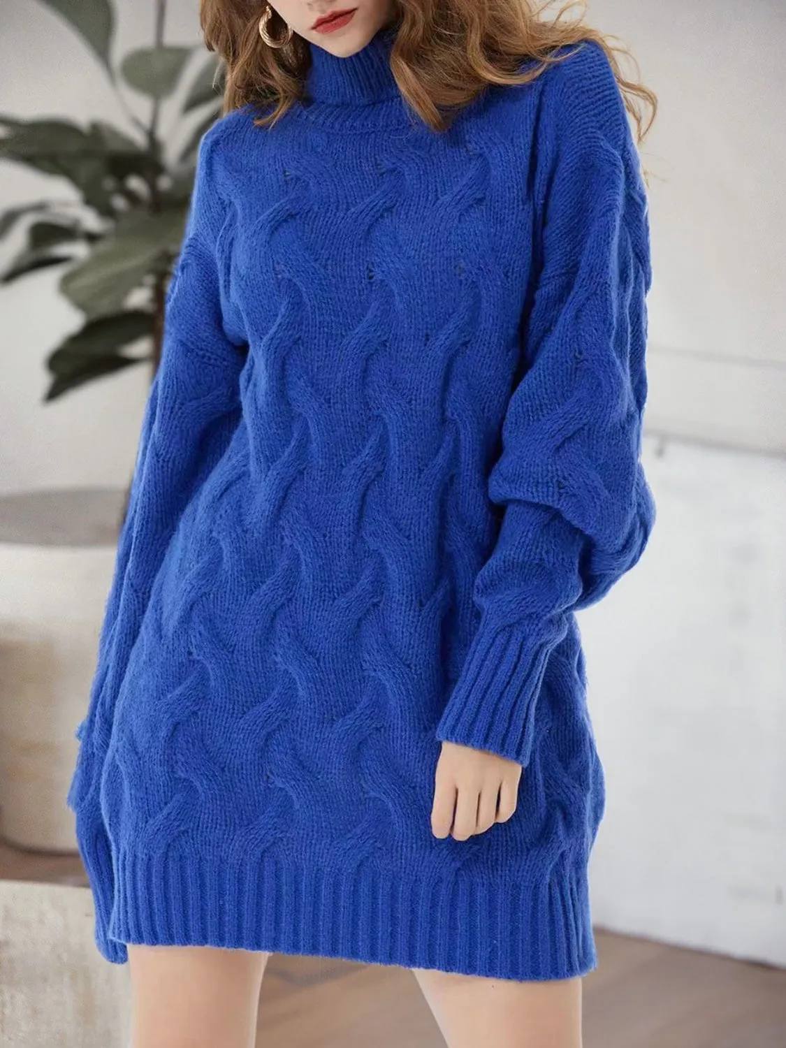 Cable-Knit Turtleneck Mini Sweater Dress