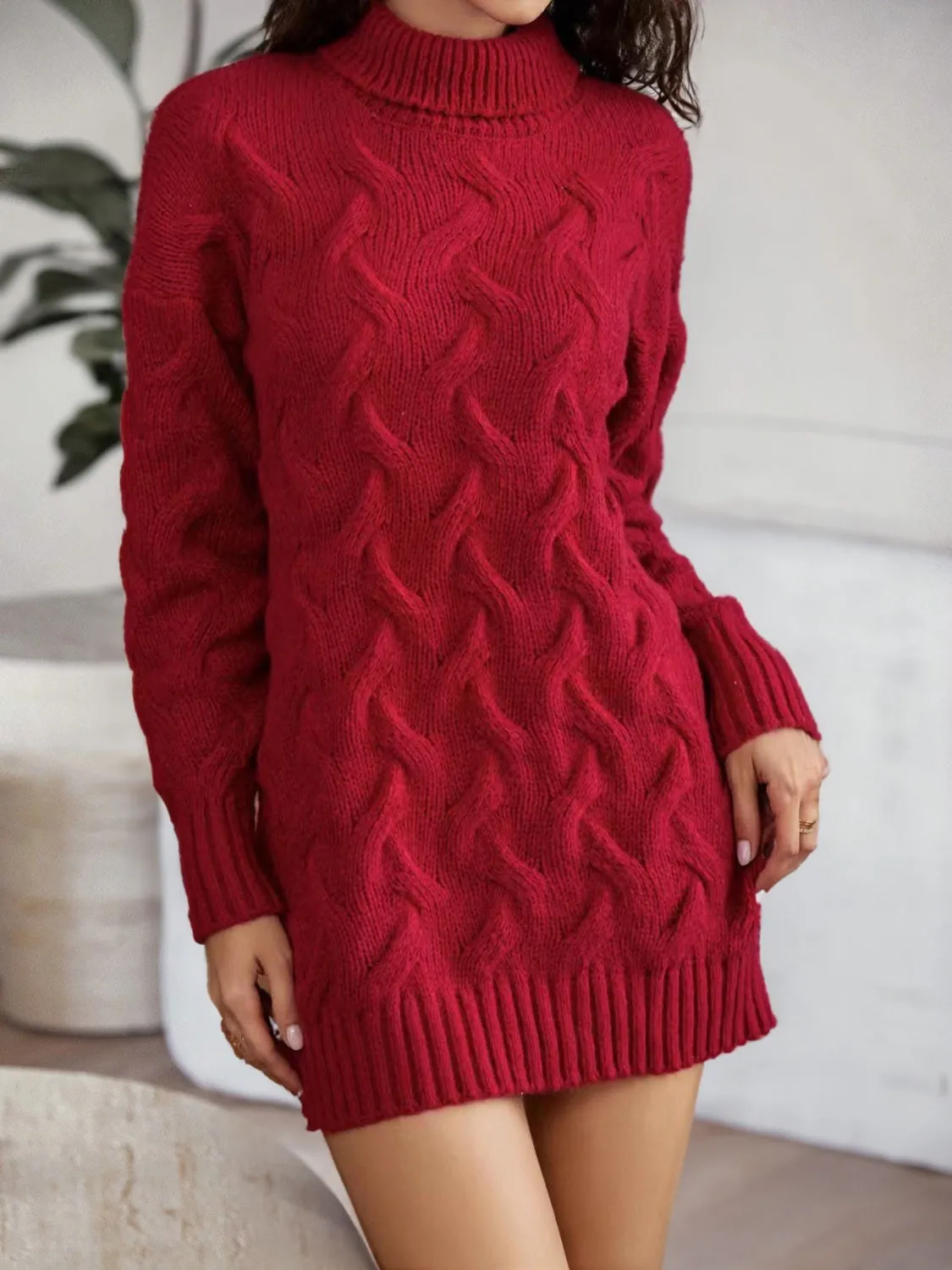 Cable-Knit Turtleneck Mini Sweater Dress