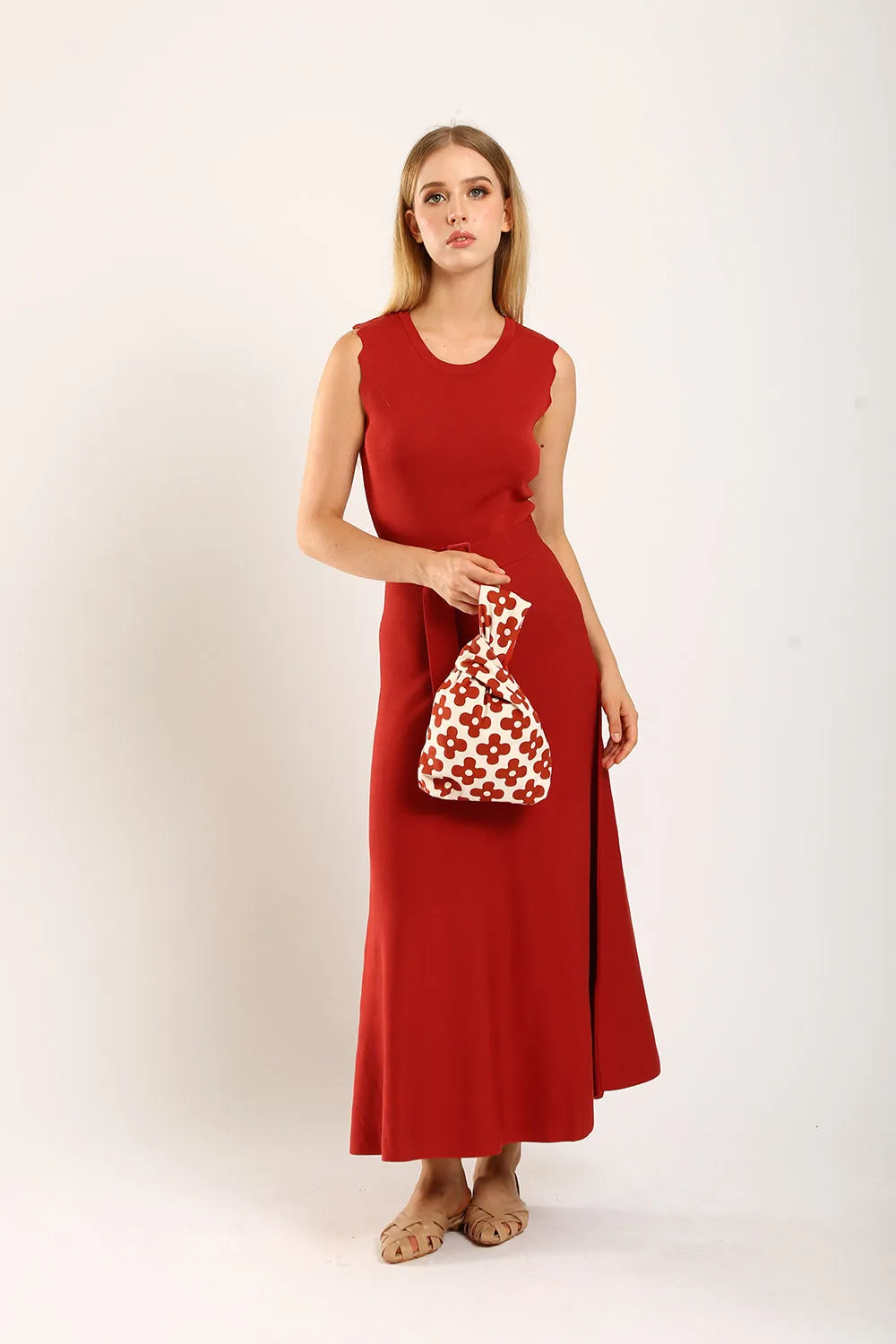 Clabelle Knit Belted Dress in Brick Red