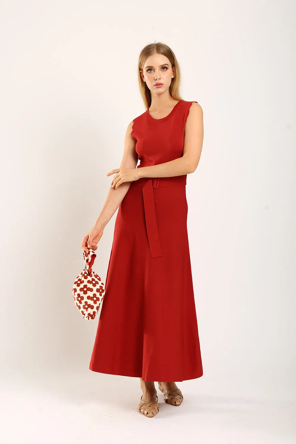 Clabelle Knit Belted Dress in Brick Red