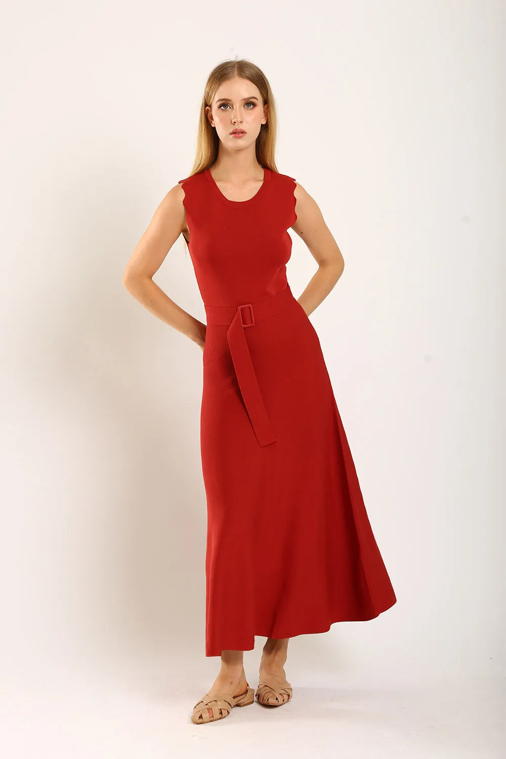 Clabelle Knit Belted Dress in Brick Red