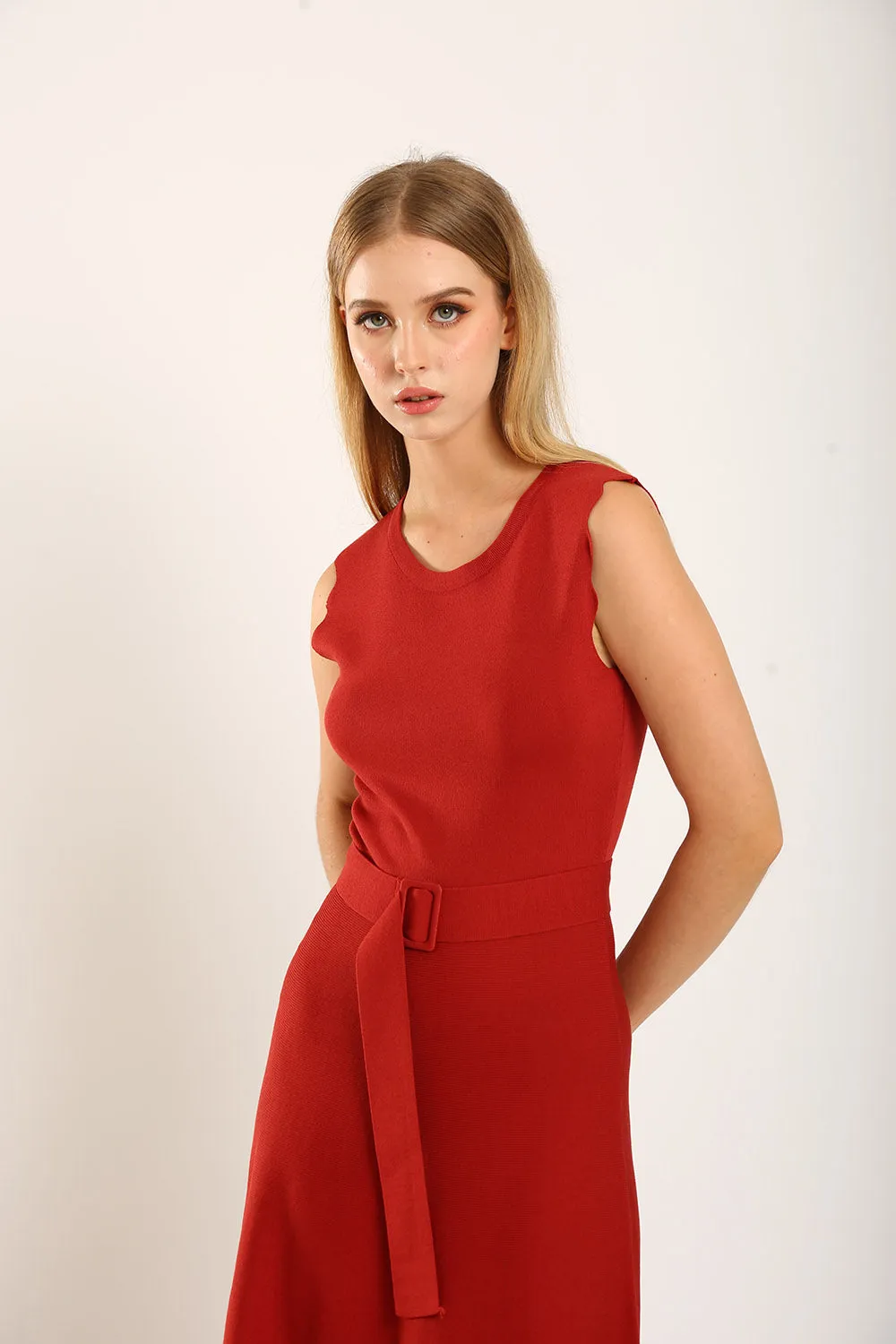 Clabelle Knit Belted Dress in Brick Red