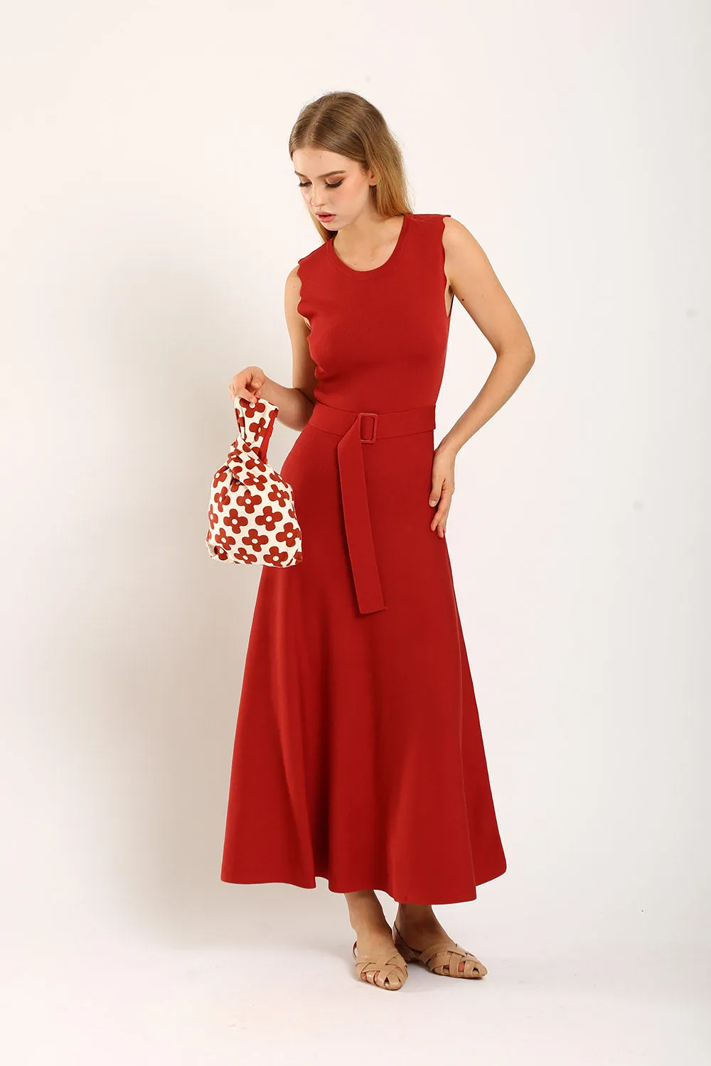 Clabelle Knit Belted Dress in Brick Red