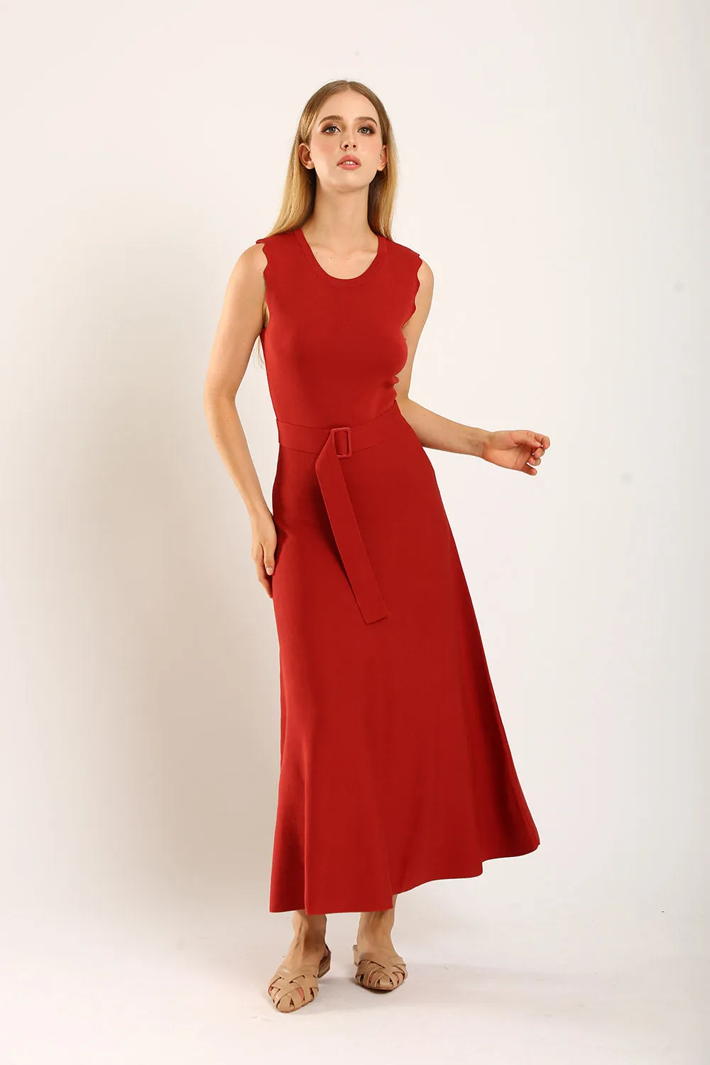 Clabelle Knit Belted Dress in Brick Red