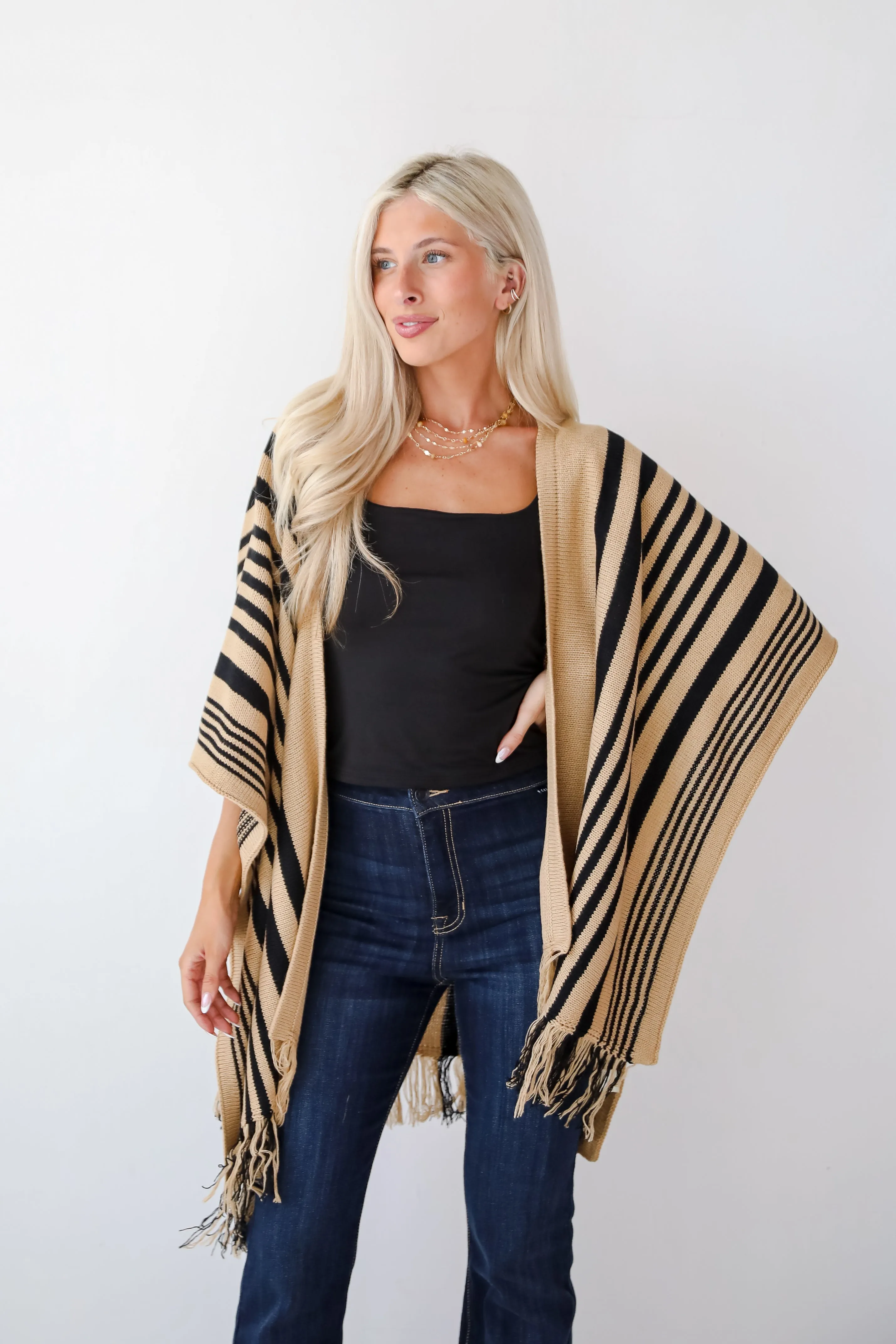 Comfy Concept Beige Striped Fringe Kimono - DOORBUSTER