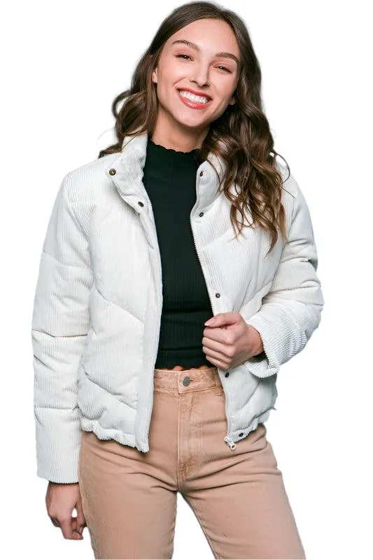 Corduroy Puffer Jacket With Toggle Detail