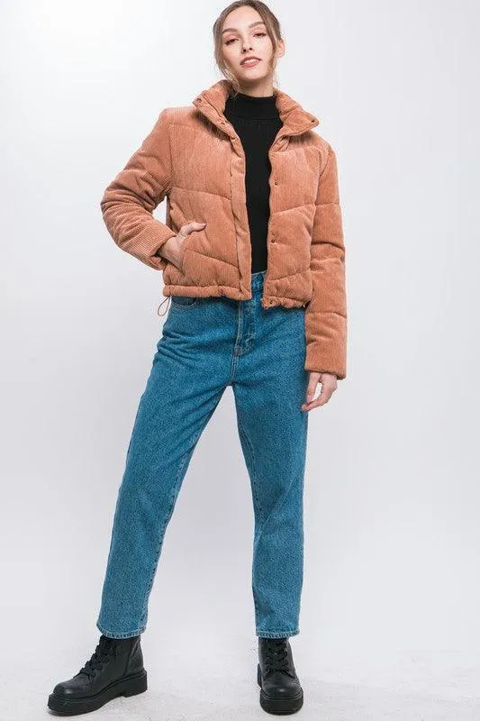 Corduroy Puffer Jacket With Toggle Detail