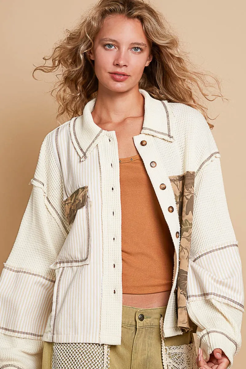 Cream Balloon Sleeve Thermal Edge Detail Collar Jacket