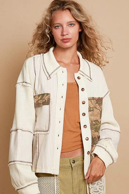 Cream Balloon Sleeve Thermal Edge Detail Collar Jacket