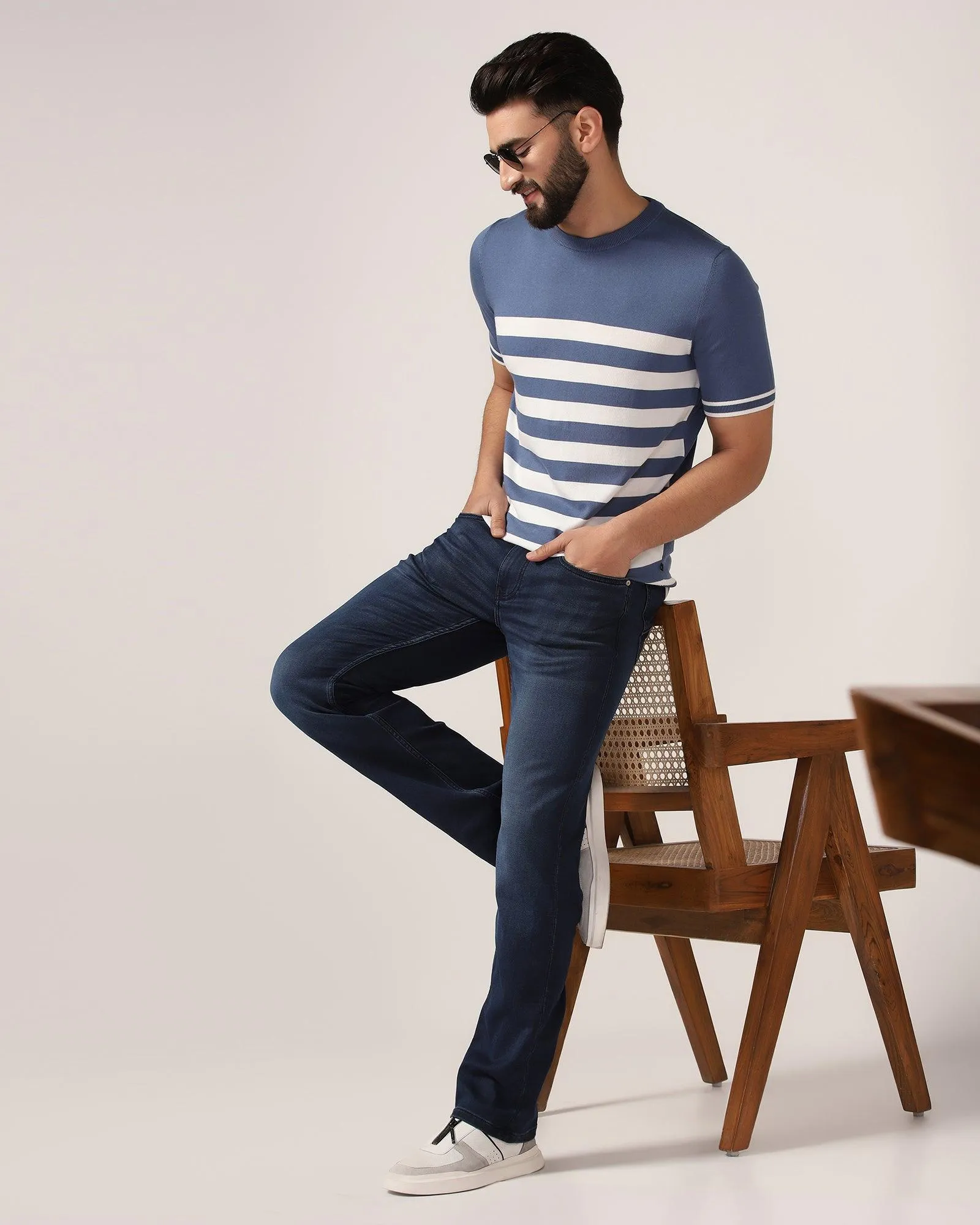 Crew Neck Powder Blue Stripe T-Shirt - Rew