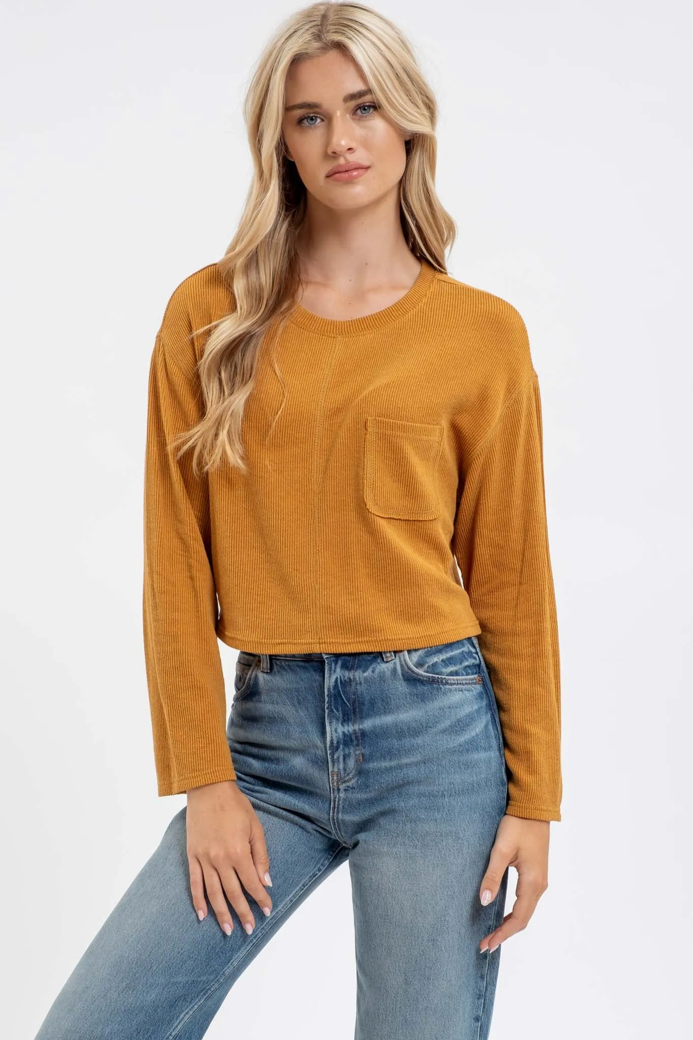 CREWNECK LONG SLEEVE RIBBED KNIT TOP