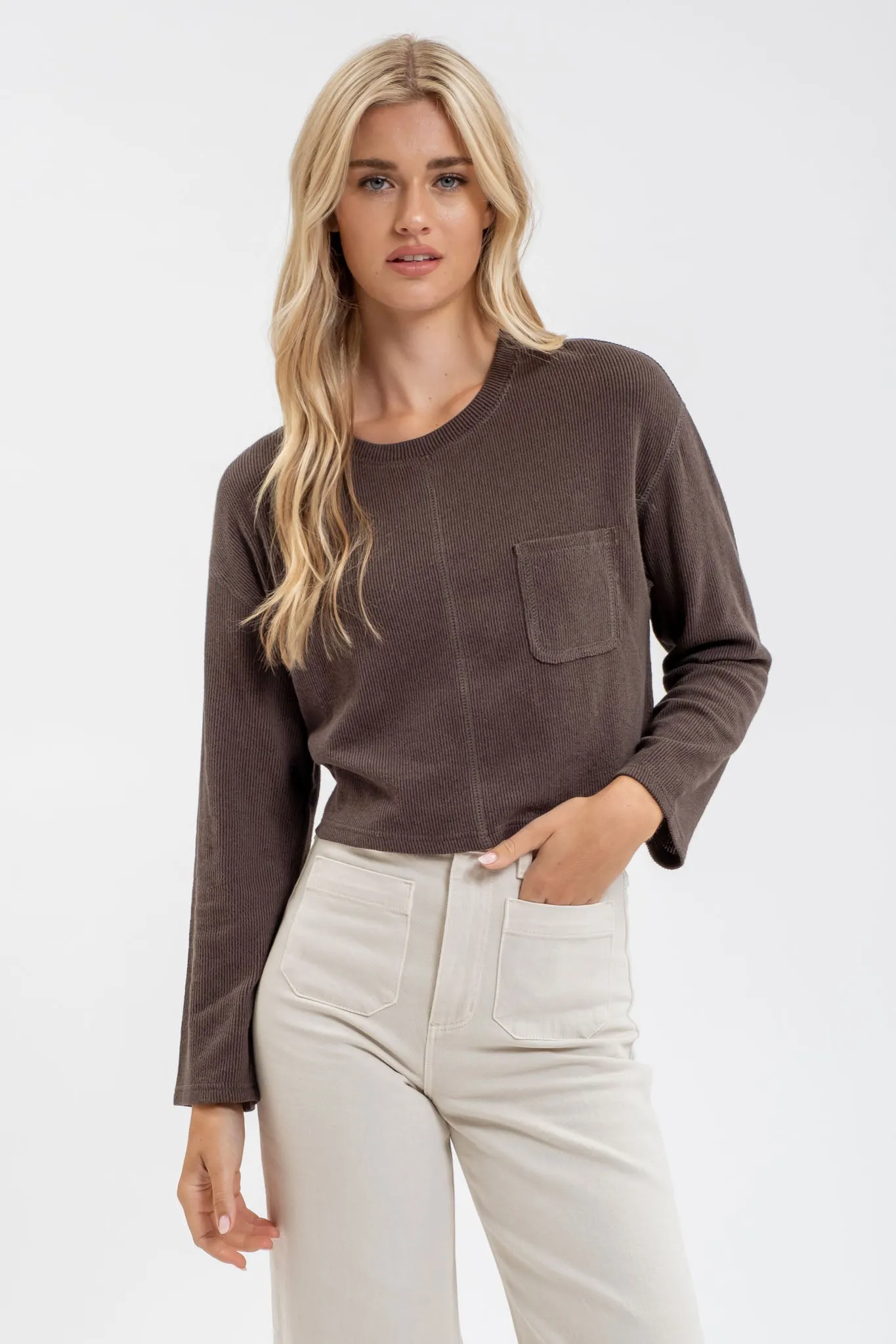 CREWNECK LONG SLEEVE RIBBED KNIT TOP