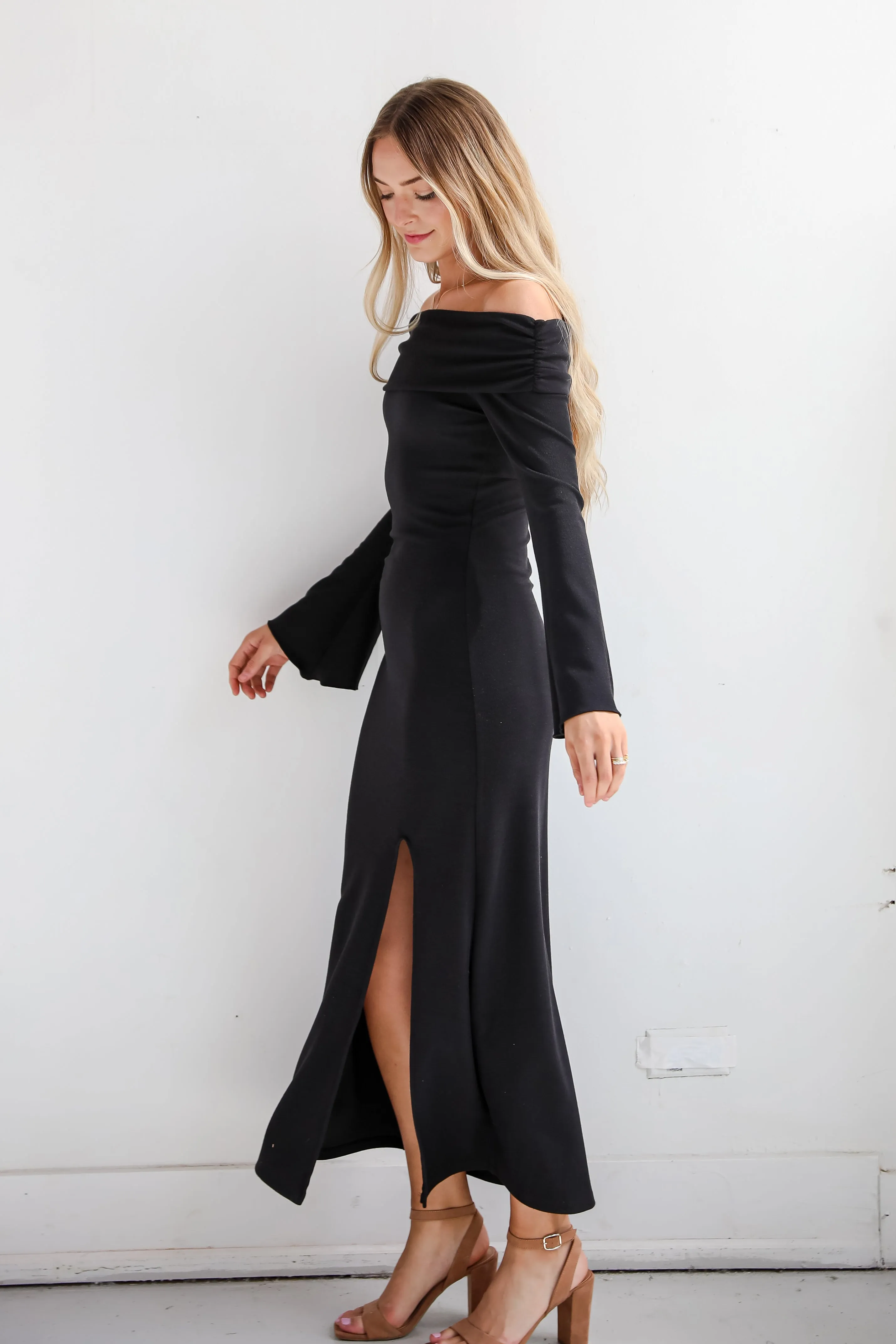 Decadent Evening Black Knit Off-The-Shoulder Maxi Dress