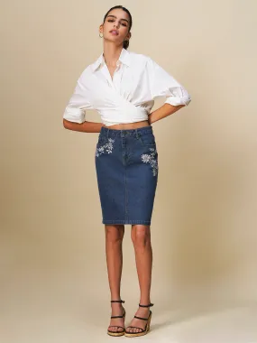 DENIM EMBROIDERED PENCIL SKIRT