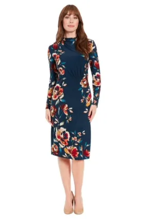 Draped-Neck Long-Sleeve Dress Teal Multi - London Times