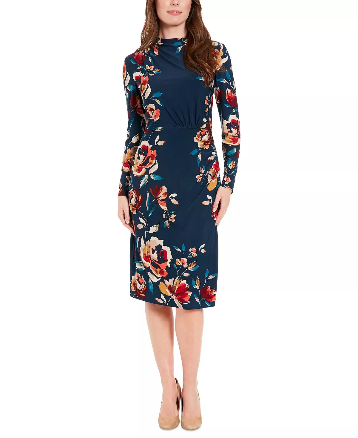 Draped-Neck Long-Sleeve Dress Teal Multi - London Times