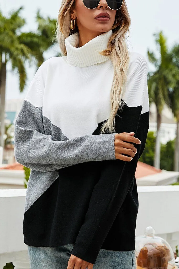 Drop Shoulder Turtleneck Colorblock Knit Sweater Pullover