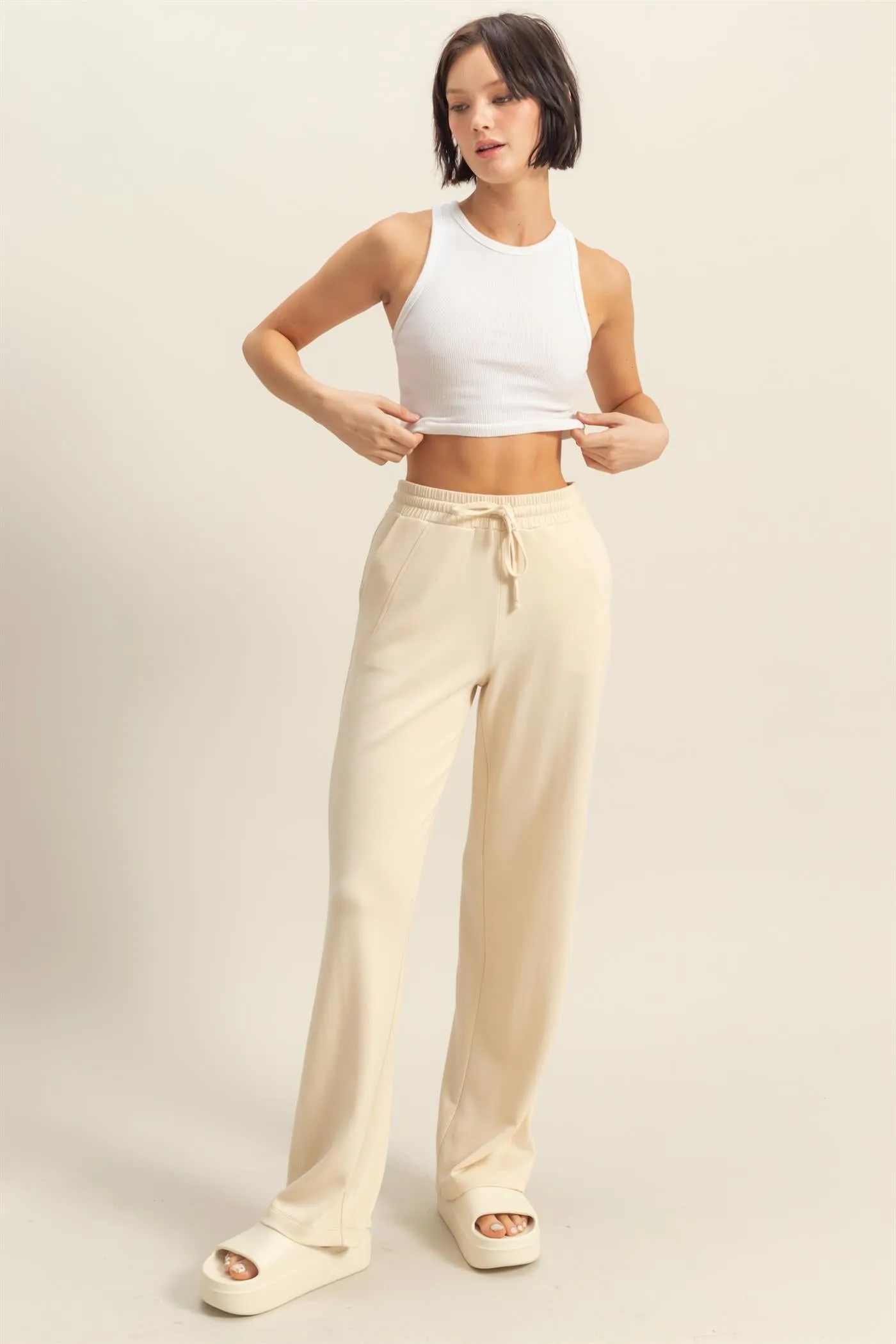 DZ25C725-High-Waist Drawstring Straight-Cut Pants