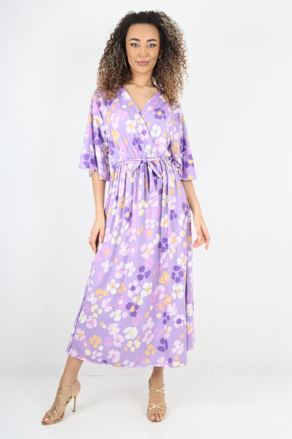 Elasticated Waist Floral Print Wrap Over  Maxi Dress