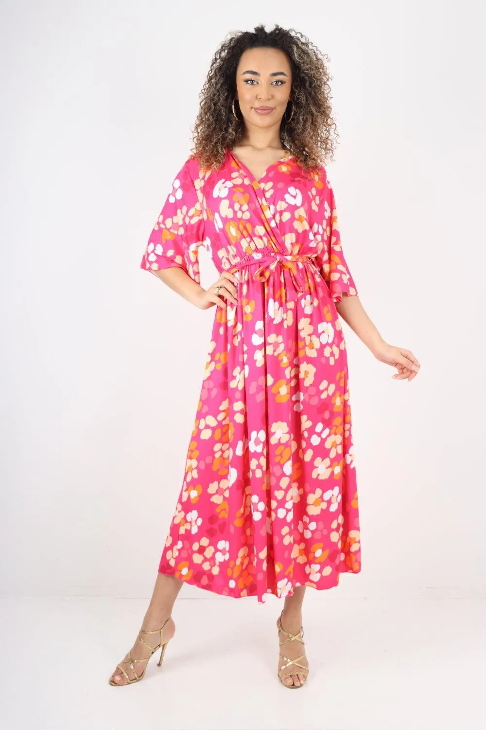 Elasticated Waist Floral Print Wrap Over  Maxi Dress