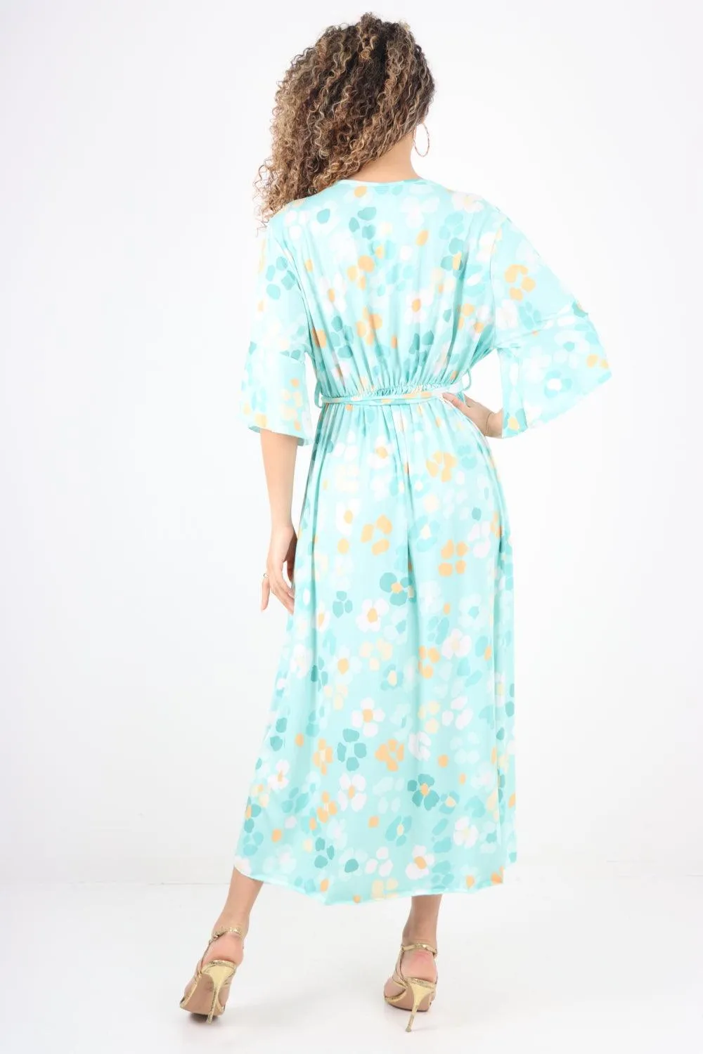 Elasticated Waist Floral Print Wrap Over  Maxi Dress