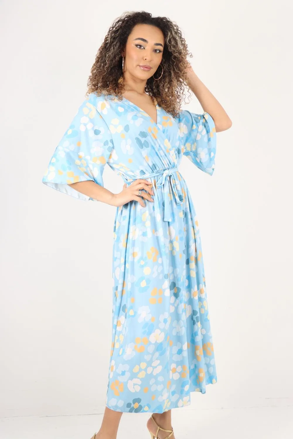 Elasticated Waist Floral Print Wrap Over  Maxi Dress