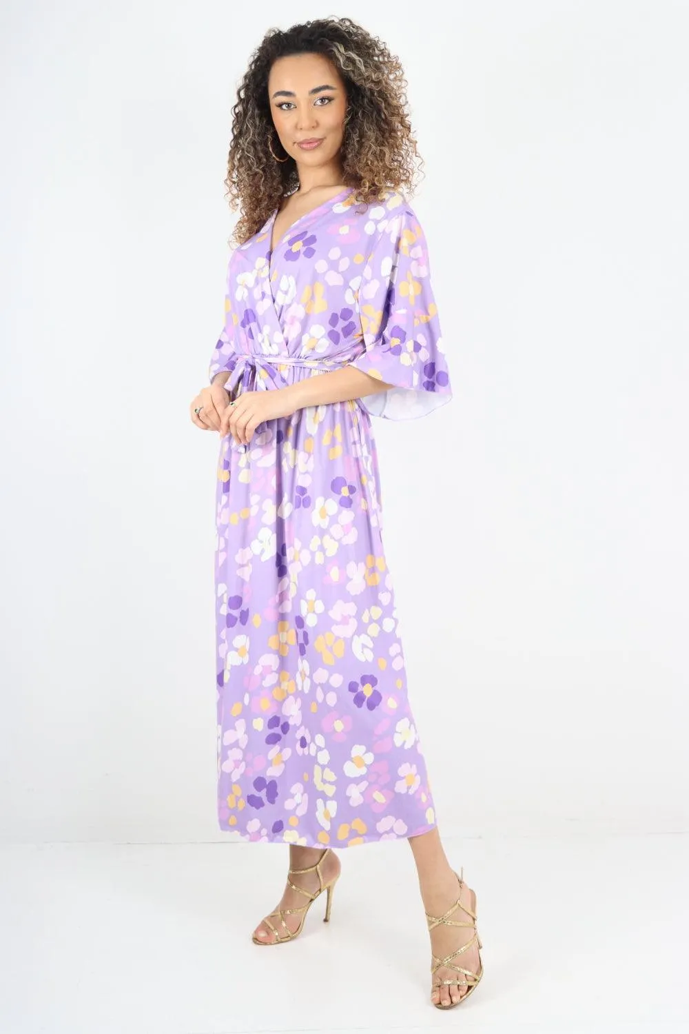 Elasticated Waist Floral Print Wrap Over  Maxi Dress